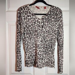 Red Clothing Black Gray White Leopard Print Sweater Top Button Detail Large